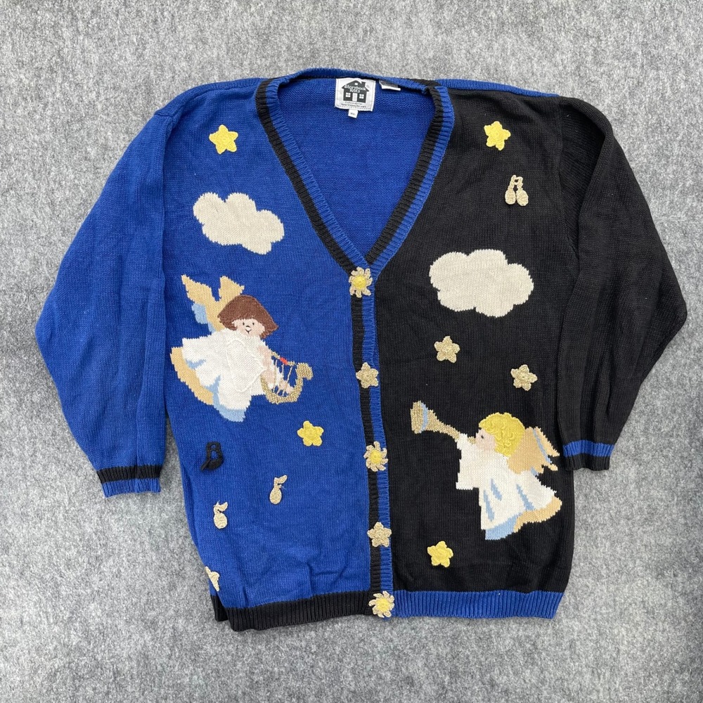 Vintage Storybook Knits Cardigan Sweater XL  Angel Celestial Blue Black Novelty